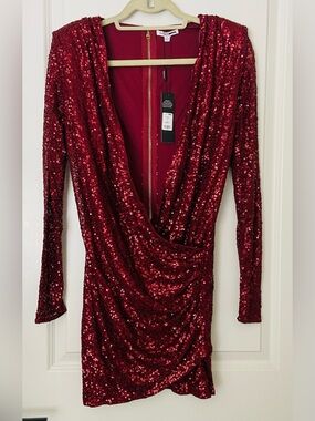 Fashion Nova Burgundy Sequin Long-Sleeve Draped Mini Dress